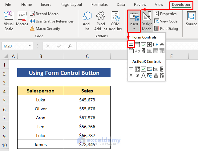 Choosing Form Control Button to Create a Macro Button