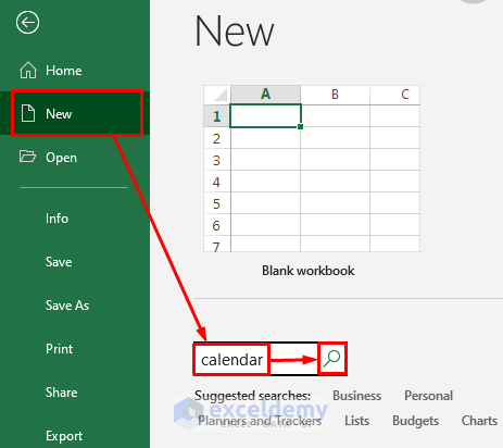 Search Calendar Template to Create a Monthly Calendar in Excel