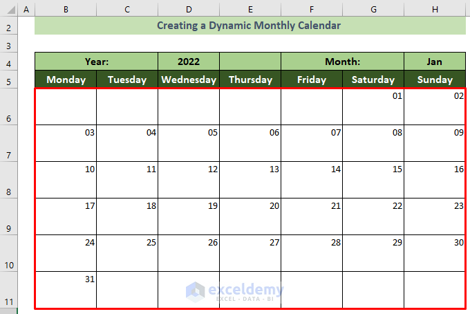 Created a Monthly Calendar in Excel