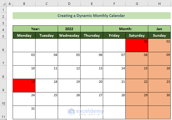 Created a Dynamic Monthly Calendar in Excel