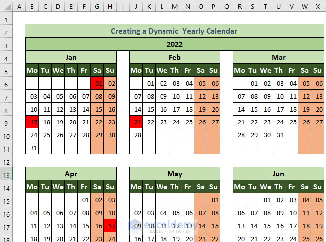 Created Yearly Calendar with Holidays in Excel