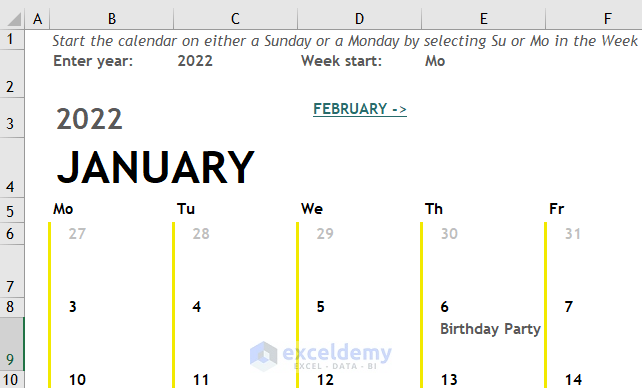 Created a Monthly Schedule Calendar in Excel