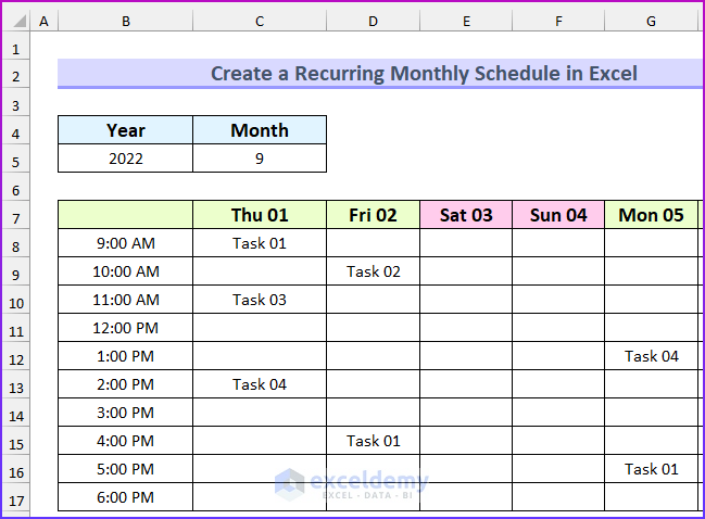 Step-by-Step Procedures to Create a Recurring Monthly Schedule in Excel