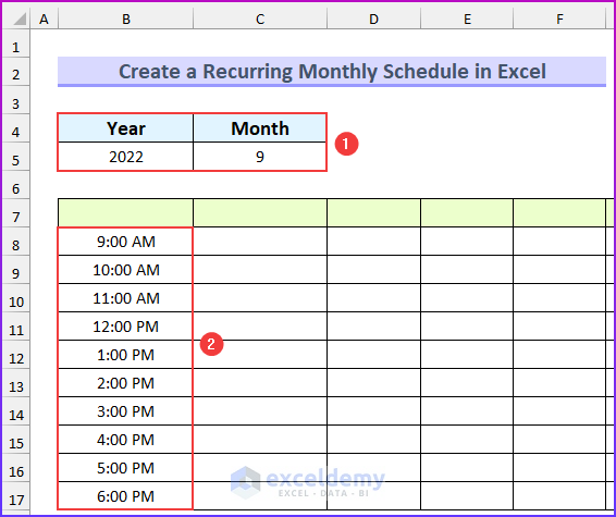Setting Up Monthly Schedule to Create a Recurring Monthly Schedule in Excel