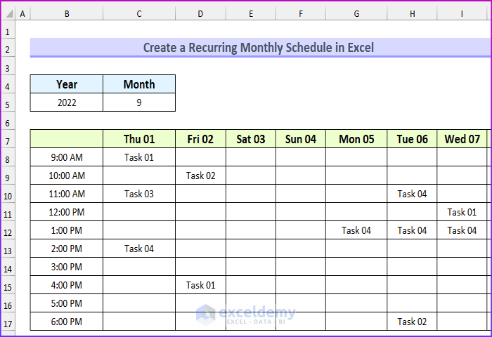 Entering Tasks to Create a Recurring Monthly Schedule in Excel