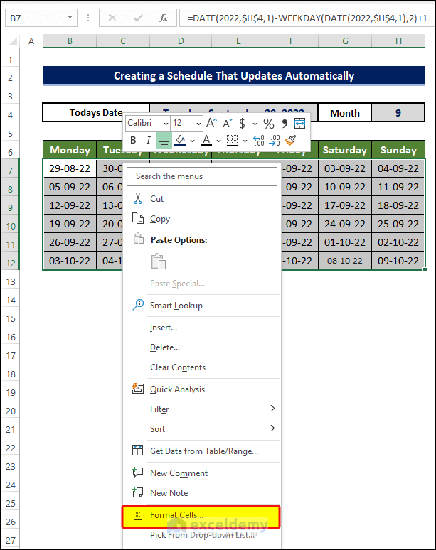 format calendar as to have only day numbers.