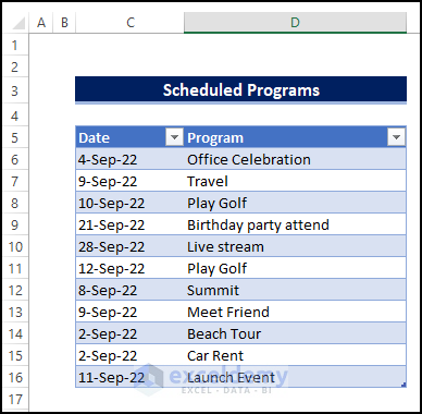 event listing to create automatically updates schedule in Excel