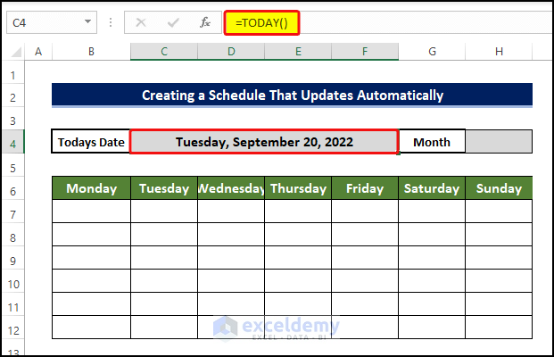 use of functions to create a schedule that updates automatically in Excel