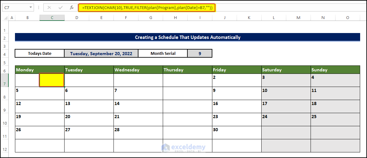 Linking events with calendar to create a schedule that updates