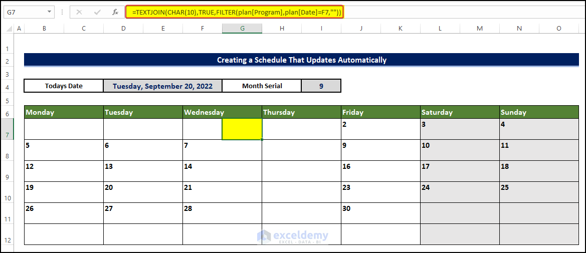 enter formula to link calendar with the event to create automatically updated schedule.