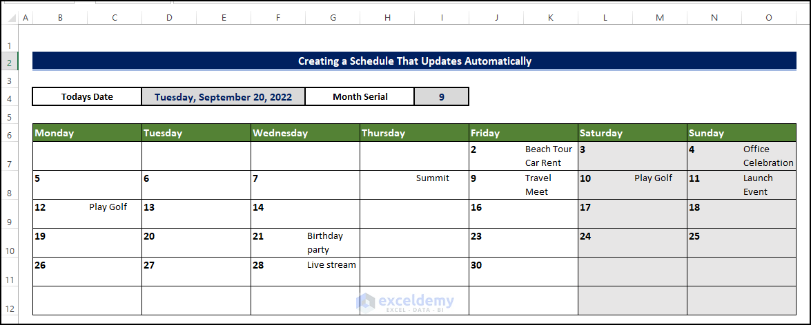 how to create a schedule in excel that updates automatically