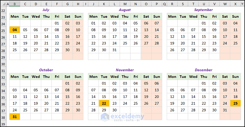 how to create a yearly calendar in excel