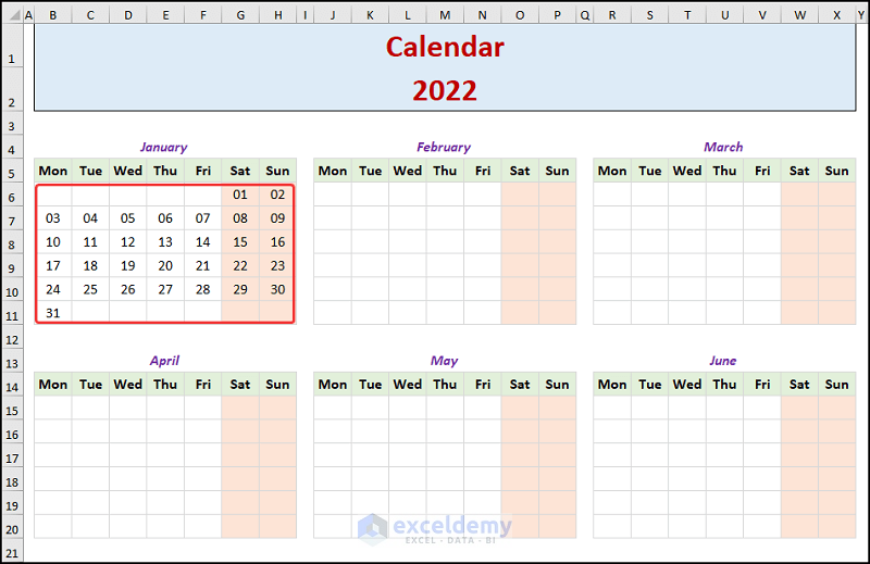 Showing dates on yearly calendar in excel