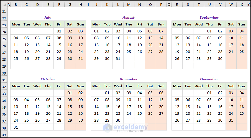 a yearly calendar in excel