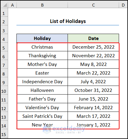 List of Holidays
