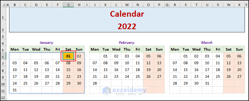 shoing holidays in a yearly calendar in excel