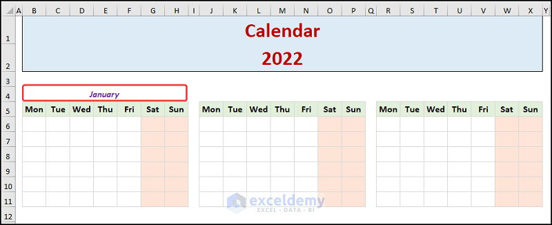 Entering months on a yearly calendar in excel