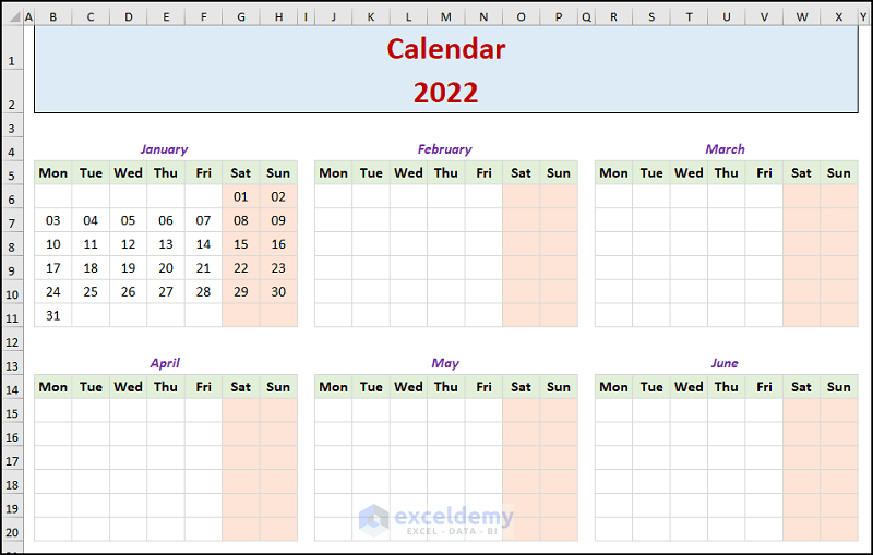 months on a yearly calendar in excel