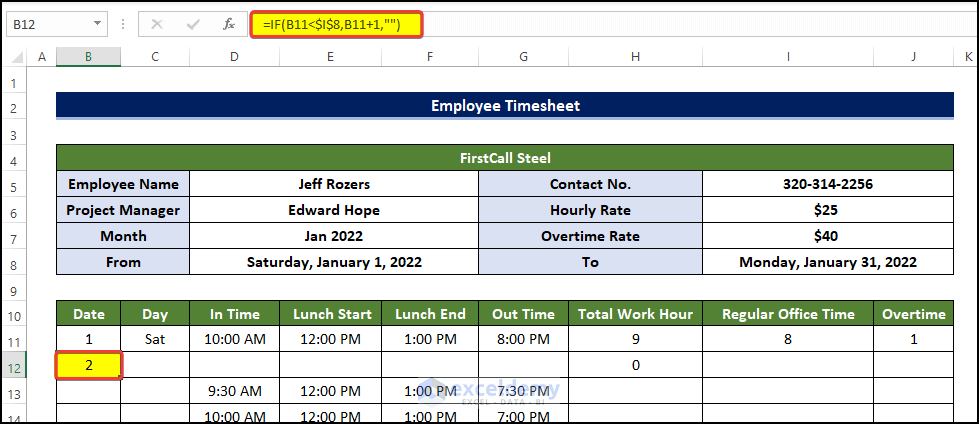 Further Formulization of the Table to Create an Employee Timesheet in Excel