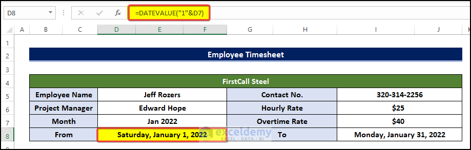 date from the month stated in the sheet name