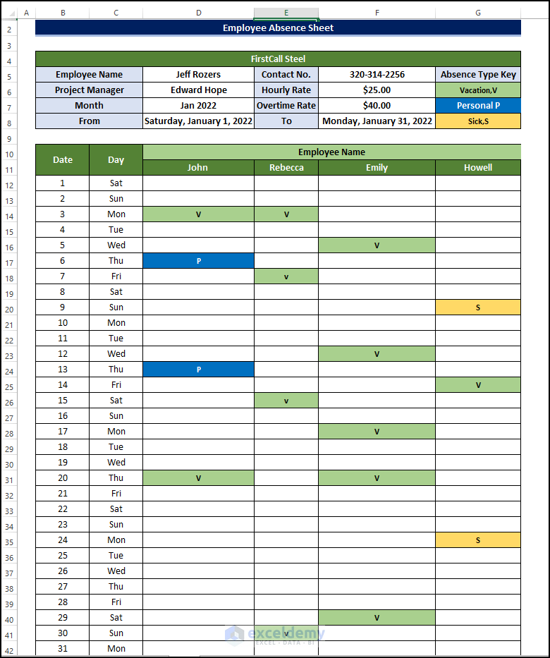 color coded employee timesheet