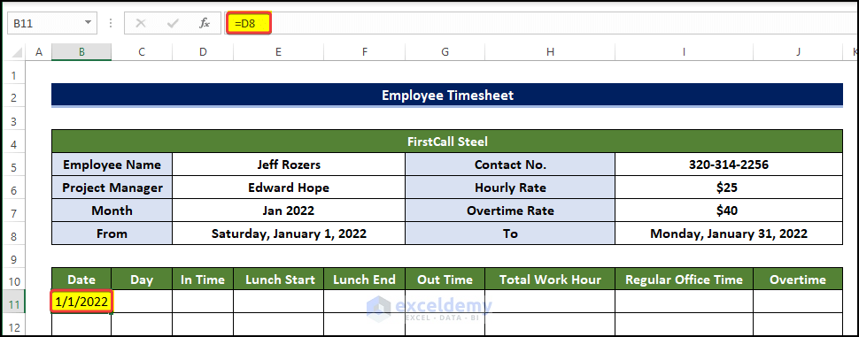 Formulize Daily Input Table to Create an Employee Timesheet in Excel