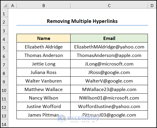 how to delete hidden link in excel Using Remove Hyperlinks Option for multiple cells 