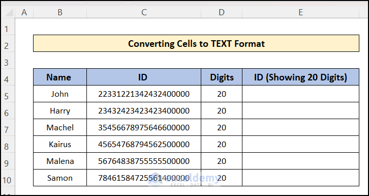 Create empty column to Enter 20 Digit Number in Excel 