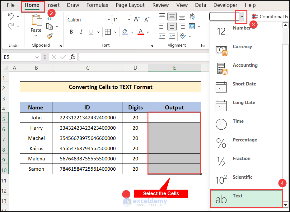 Select TEXT format from top ribbon in Excel