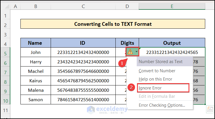 Ignoring Error regarding numbers in text format in Excel
