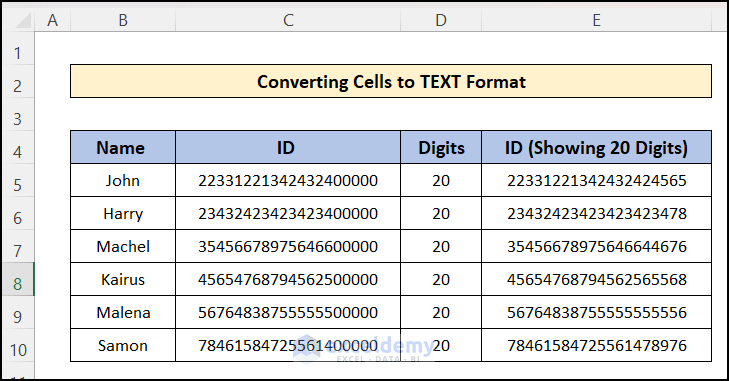 Convert to Text Format to enter 20 digit number in Excel cells