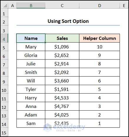 how to flip table in excel with Sort option
