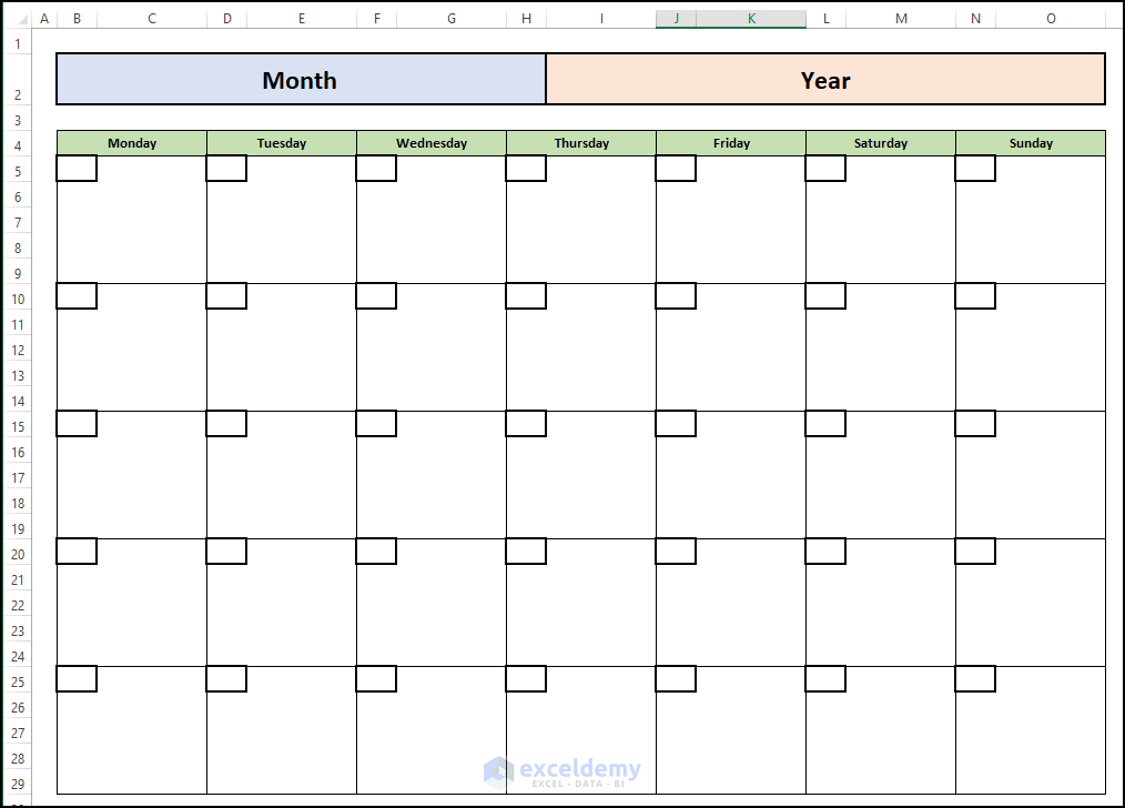 Ready Made Blank Calendar in Excel
