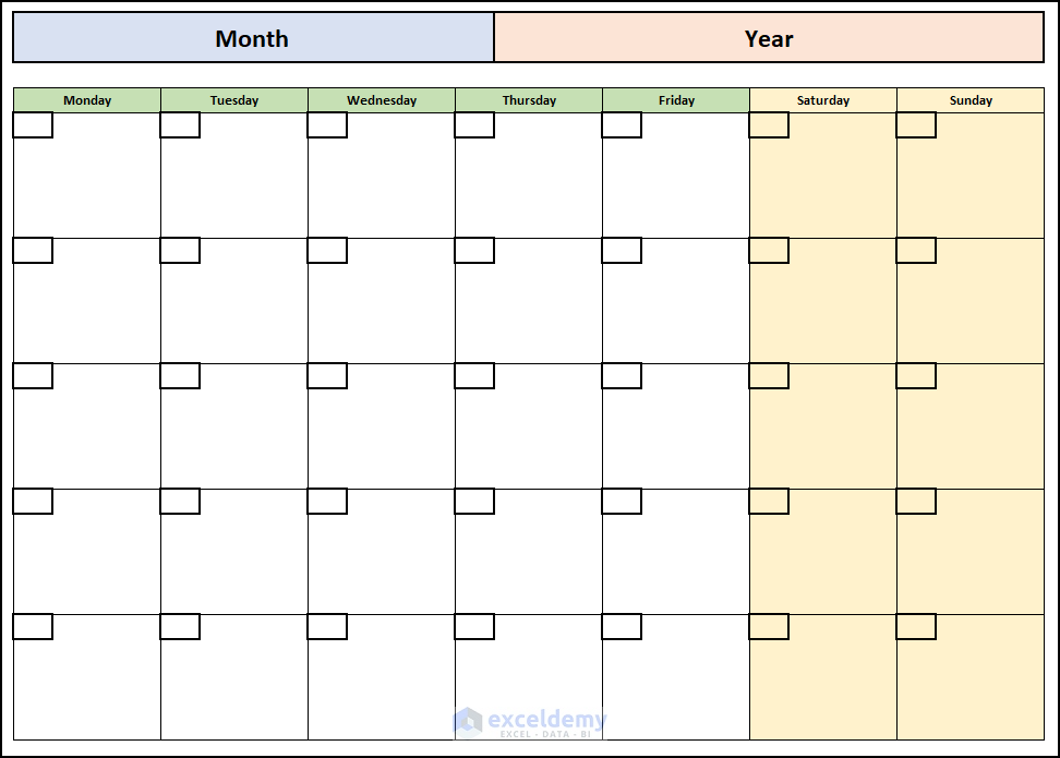 Blank Calendar in Excel with highlighted holidays