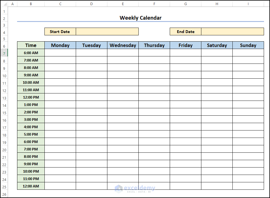 Create Blank Weekly Calendar To-Do List in Excel