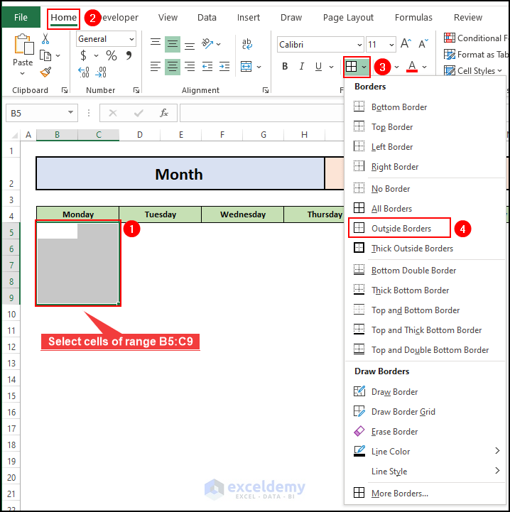 setting borders for each days in Excel blank calendar