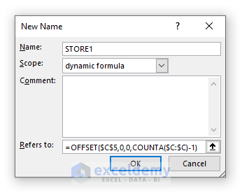 type STORE1 in the Name typing box in "New Name" window in Excel
