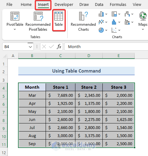 Select the Table command form the Insert tab