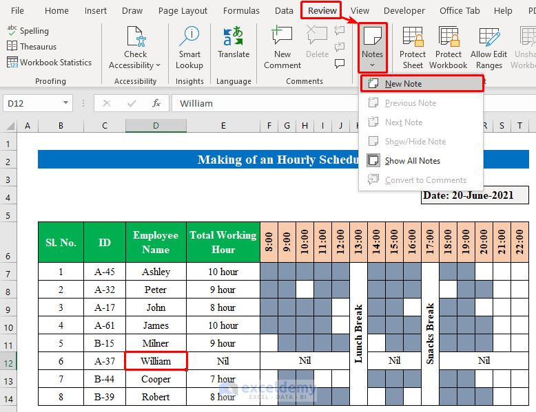 Add Comments to the Table to make an hourly schedule in excel