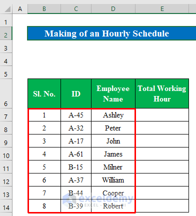 Fill with Data to Calculate Total Hour to Make an hourly Schedule in excel