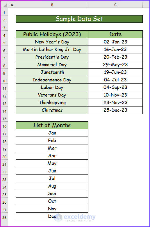 Preparing Sample Data Set to Make an Interactive Calendar in Excel