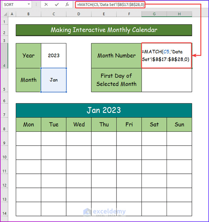 Inserting MATCH Funtion for Making Interactive Monthly Calendar as A Easy Way to Make an Interactive Calendar in Excel