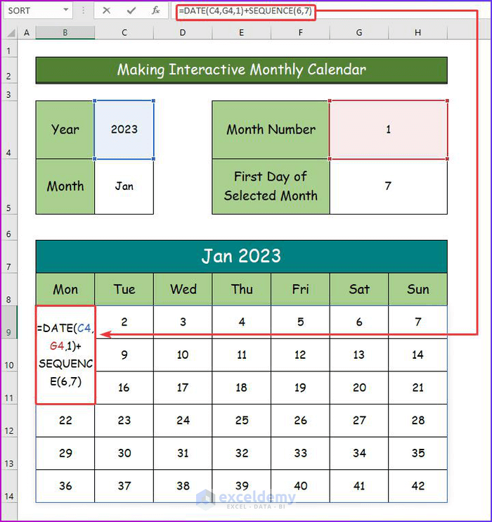 Adding DATE Function for Making Interactive Monthly Calendar as A Easy Way to Make an Interactive Calendar in Excel 