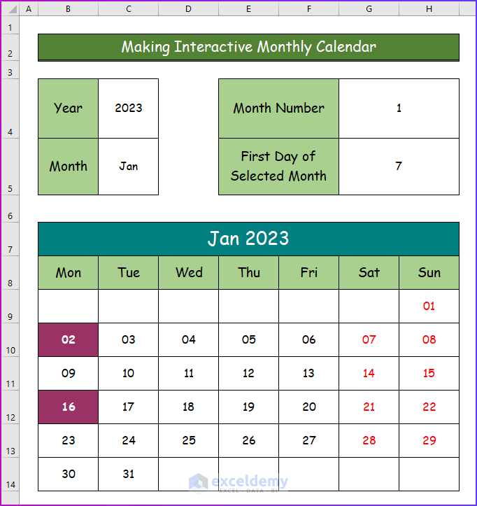 Showing Final Result of Making Interactive Monthly Calendar as A Easy Way to Make an Interactive Calendar in Excel
