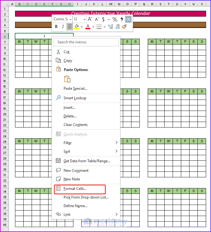 Selecting Format Cells for Creating Interactive Yearly Calendar as A Easy Way to Make Interactive Calendar in Excel
