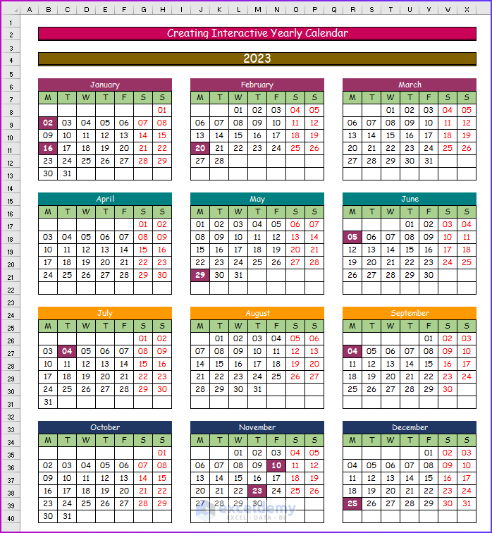 Showing Final Result of Creating Interactive Yearly Calendar as A Easy Way to Make an Interactive Calendar in Excel