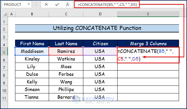  Utilizing CONCATENATE Function to Merge 3 Columns in Excel