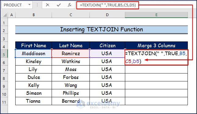  Inserting TEXTJOIN Function to Merge 3 Columns in Excel
