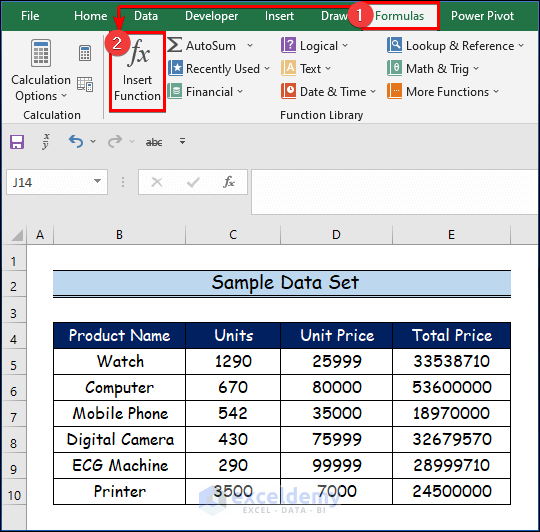  Selecting Insert Function Command from Formulas Tab to Open Insert Function Dialog Box in Excel