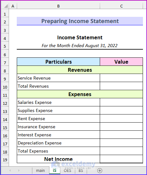 Prepare Income Statement of the Financial Statements from Trial Balance in Excel
